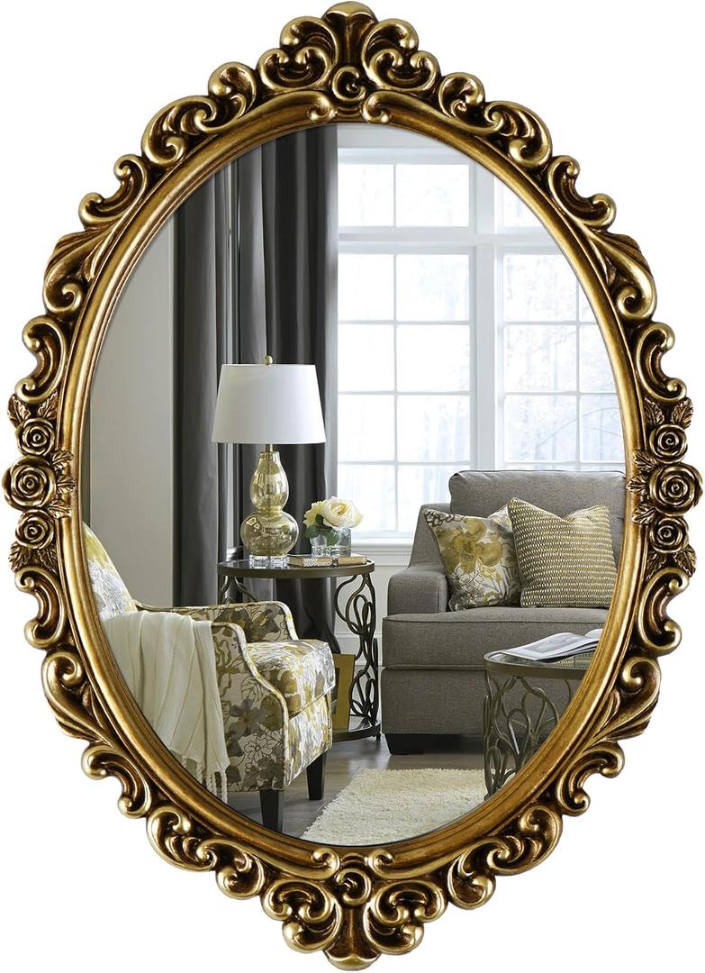 OIGUMR Medium Oval Wall Mirror Resin Frame Size20.4 x 14.5 inch Vintage Hanging Mirrors for Bedroom Living-Room Dresser Decor Gold