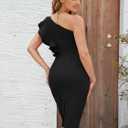 Women's One Shoulder Ruffle Bodycon Dress Elegant Cocktail Party Slit Midi Dresses (Black)