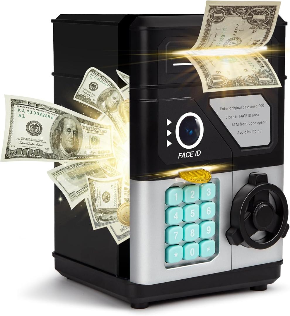 Piggy Bank for Boys Girls, Kids Safe, Electronic Mini ATM Money Saving Box Toy 2025 with Password & Face ID Simulation, Christmas Birthday Gifts for 4 5 6 7 8 9 10 Year Old, Coin Cash Can (Black)