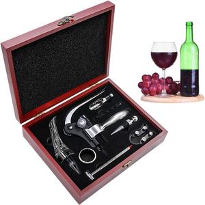 SumDirect Wine Opener Set - Lever-Arm Rabbit Corkscrew, Accessory Set With Bottle Opener, Foil Cutters, Aerator, Stopper, Thermometers, Drip Rings, Spare Spirals and Dark Cherry Wood Box