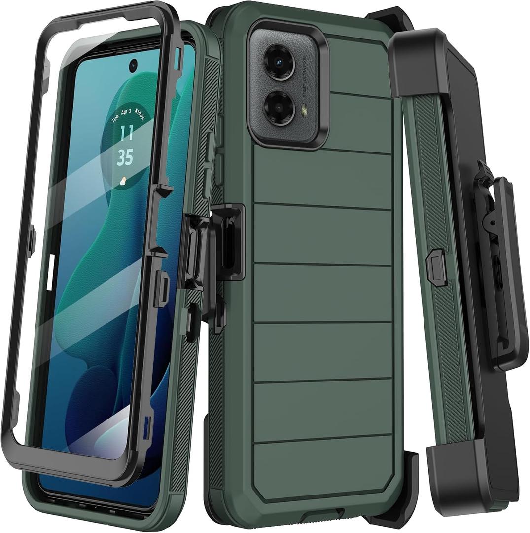 KECAI for Motorola Moto G 5G 2024 Case with Built-in Screen Protector,Belt Clip Holster,Heavy Duty Shockproof Drop Protection Military Grade Rugged Full Body Phone Cover with Kickstand (Dark Green)