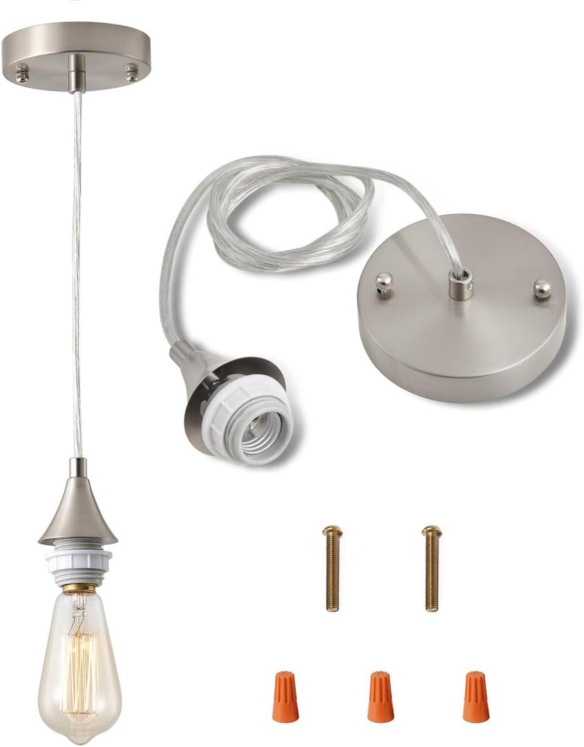 Vintage Brushed Nickel Pendant Light Kit,E26 Lamp Socket DIY Pendant Light Cord,Adjustable Hanging Light Fixtures for Kitchen (1-Pack)