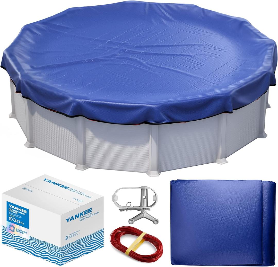 Winter Pool Cover 30 ft Round for Above Ground | Extra Thick & Durable Above-Ground Pool Cover | Sapphire Series of Premium Cold- and UV-Resistant Pool Cover | by Yankee Pool Pillow, Blue 