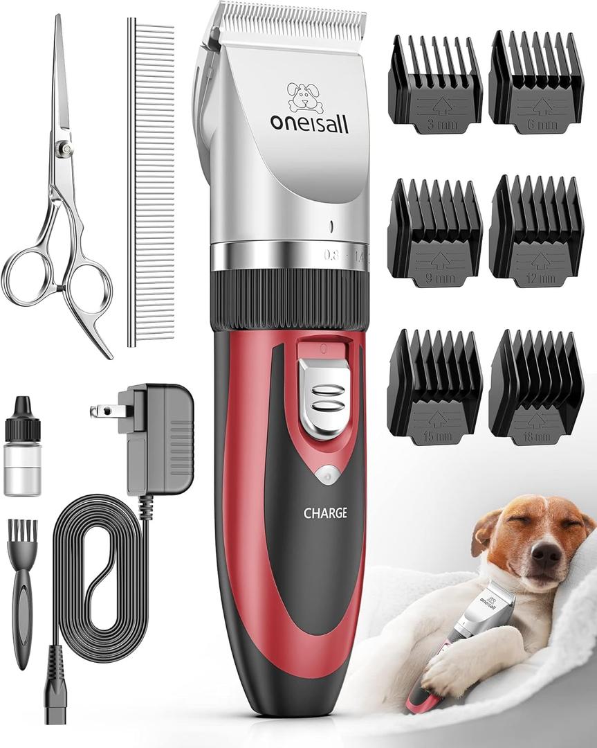 oneisall Dog Shaver Clippers Low Noise Rechargeable Cordless Electric Quiet Hair Clippers Set for Dogs Cats Pets (Red)