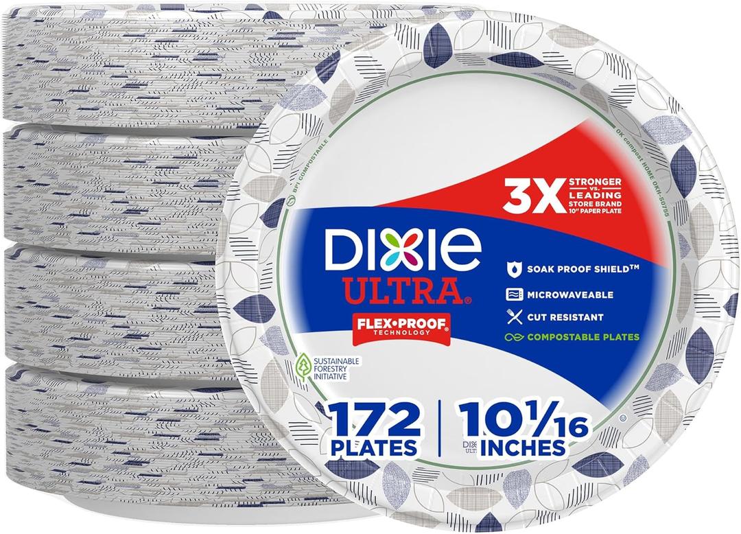 Dixie Ultra, Large Paper Plates, 10 Inch, 172 Count, 3X Stronger, Heavy Duty, Microwave-Safe, Soak-Proof, Cut Resistant, Disposable Plates For Heavy, Messy Meals (172 Count (Pack of 1))