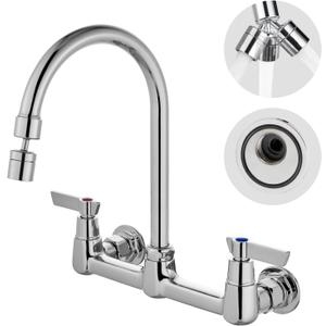 Airuida Wall Mount Kitchen Sink Faucet Wall Mounted Faucet 8 Inches Center Commercial Kink Tap 2 Handle Laundry Room Restaurant Compartment Sink Swivel Spout Without Adapters Chrome Polish