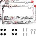 Watercolor Cherry Blossom License Plate Frames 2 Pack Sakura Flower License Plate Holder Car Decor Accessories Stainless Steel Rust-Proof Plate Cover Fits Standard US Vehicles Size 12.2 x 6.3 Inches (Black & Red)