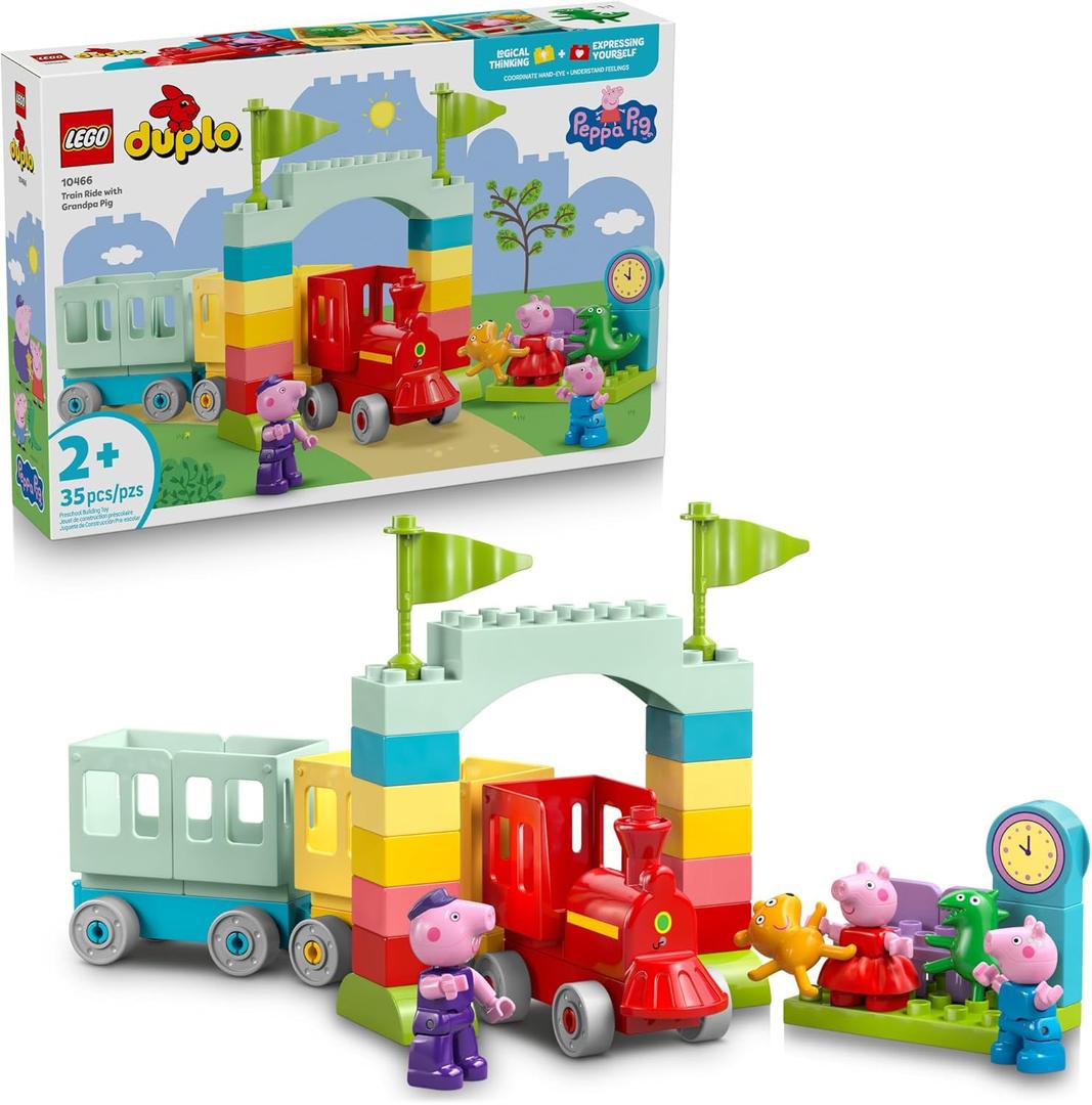 LEGO DUPLO Peppa Pig Train Ride with Grandpa Pig Building Toy - Train Toy for Toddlers, Ages 2+ - Sensory Toy for Girls & Boys - W/ 3 Figures - Birthday Gifts for Kids - 10466