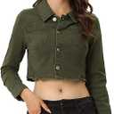 Allegra K Women's Jean Jacket Frayed Button Up Washed Cropped Denim Jacket, Olive Green, Medium
