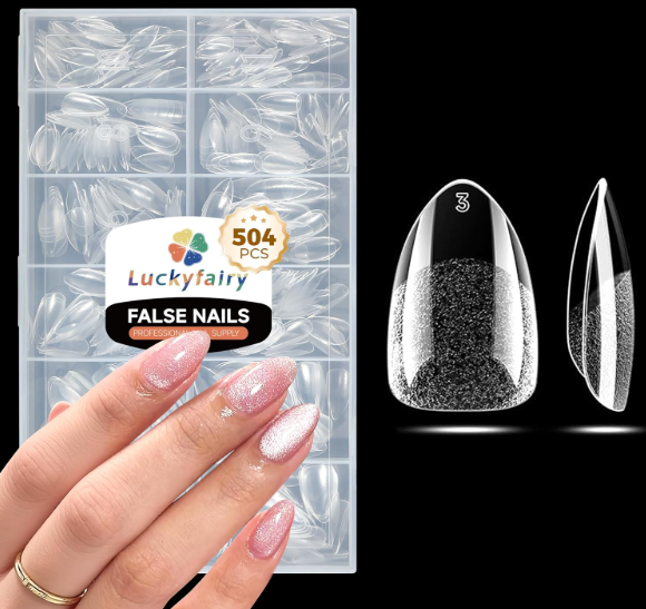 Luckyfairy Short Almond Nail Tips: 504pcs PreEtched Soft Gel Nail Tips, TriLayer Core Short Fake Nails, 12 Sizes Half Matte Full Cover Clear Press on Nails Extension DIY for Flat & Natural Nail Beds