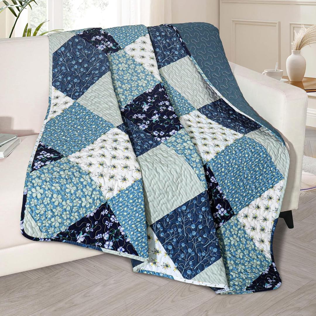 Exclusivo Mezcla 50"x 60" Quilted Throw Blanket- Microfiber Quilt Throw with Boho Patchwork Pattern, Reversible Blue Versatile Lap Quilt for All Seasons, Lightweight Throws for Bed/Couch/Sofa