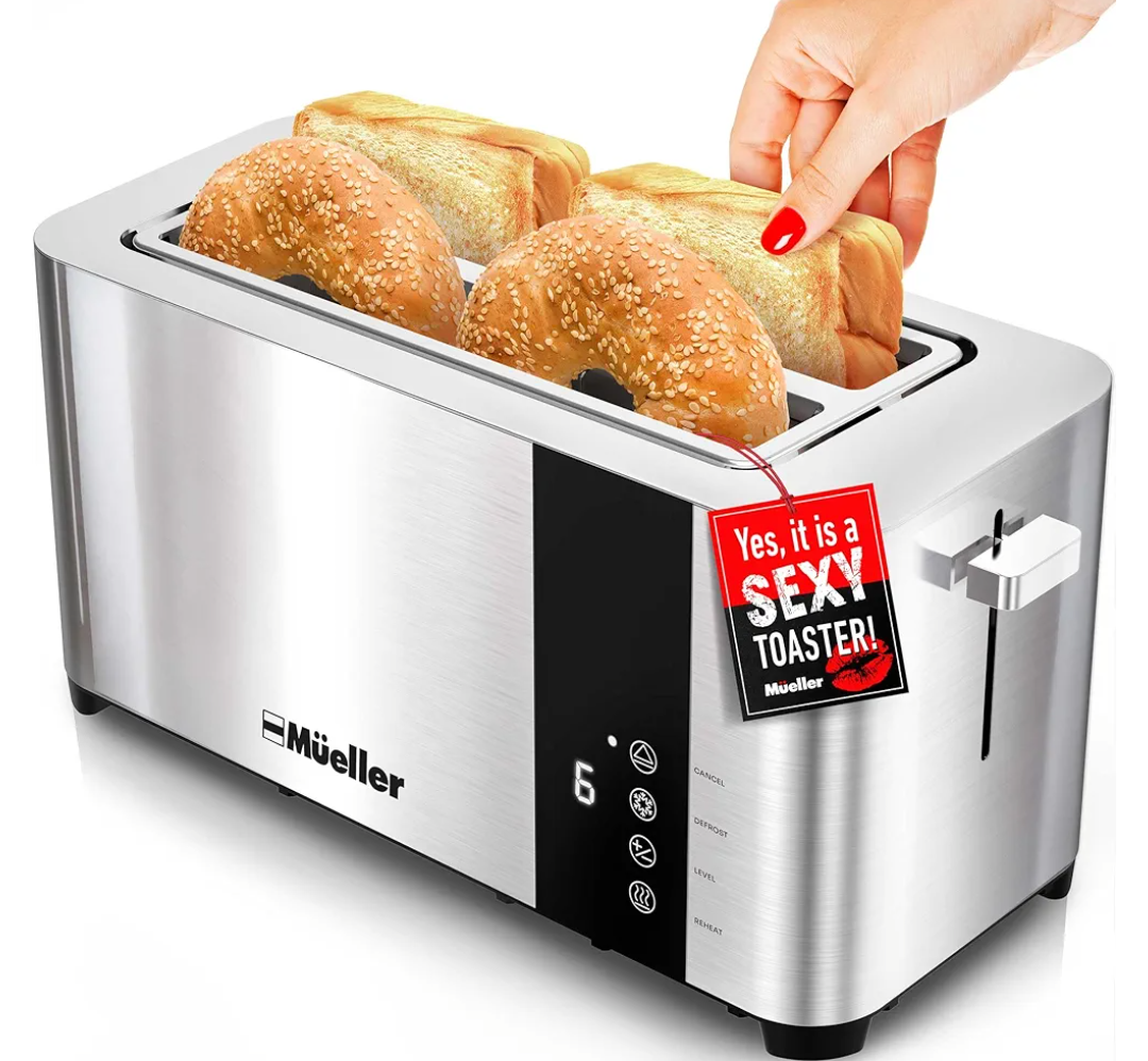 Mueller UltraToast Full Stainless Steel Toaster 4 Slice, Long Extra-Wide Slots for Bagels and Waffles, 6 Browning Levels, LED Display, Cancel/Defrost/Reheat Functions & Removable Tray, Kitchen Gadgets