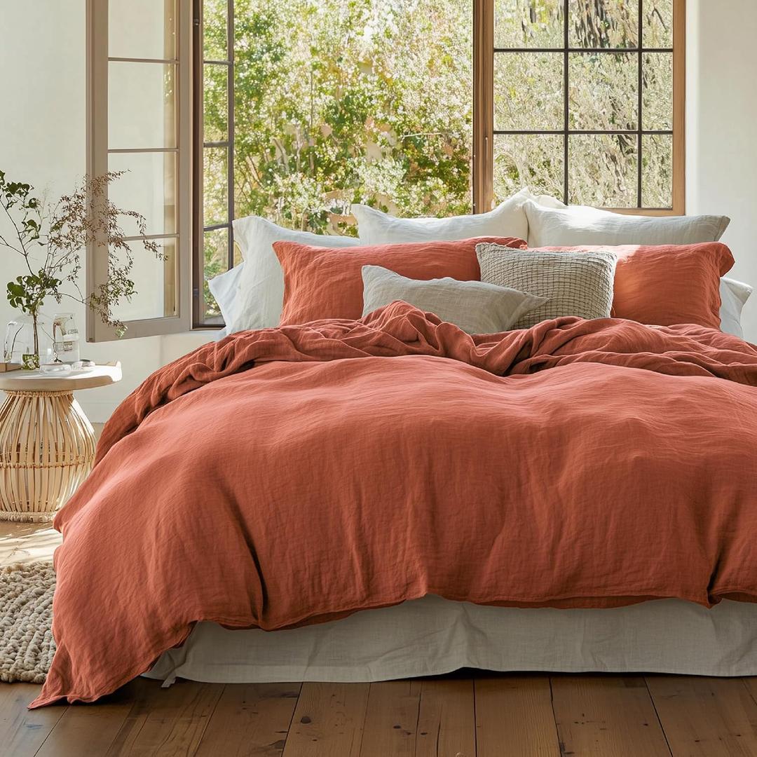 Bedsure 100% Muslin Cotton Duvet Cover King Size - Ultra-Soft, Breathable & Lightweight - Linen Like Gauze Comforter Cover Set with Button Closure and Corner Ties (Terracotta, King, 104"x90")