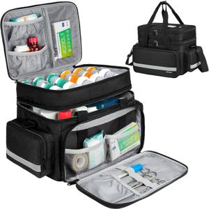 Large Pill Bottle Organizer, Double Layers Medicine Storage Bag with Lockable Zippers and Shoulder Strap,Medication Travel Bag for Prescription Bottles, Vitamins & Medical Supplies, Black (Bag Only)