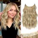 KooKaStyle Invisible Wire Hair Extensions with Transparent Wire Adjustable Size 4 Secure Clips 16 Inch Long Wavy Secret Hairpiece(Dark Ash Blonde mix Light Blonde Highlights)