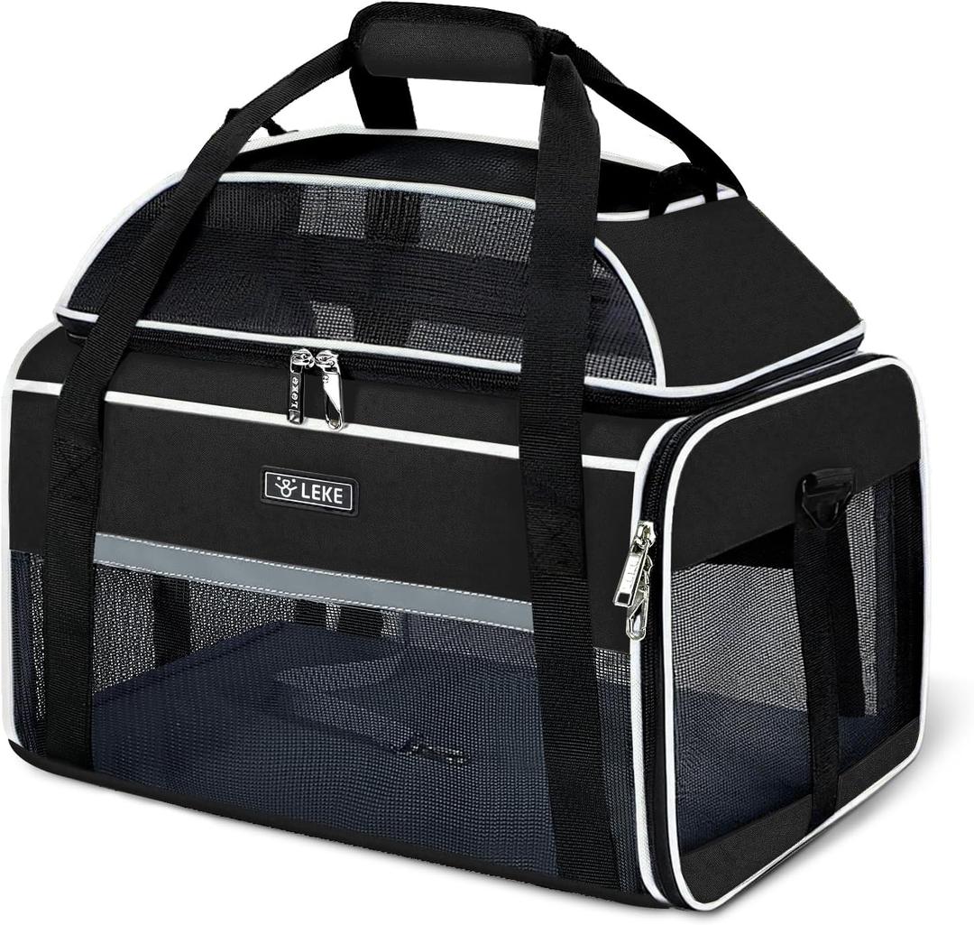 Lekereise Top-Expandable Pet Carrier 17x11x9.5 Inch Alaska Hawaiian Airline Approved Soft Sided Underseat to 12lbs Travel Carriers for Small Cats and Dogs with Locking Safety Zippers Anti-Scratch Mesh (Black)
