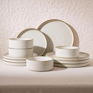 Famiware Nebula Plates and Bowls Sets, 12 Pieces Stoneware Dinnerware Sets, Reactive Glaze Dish Set, Dishes Set for 4, Matte Beige White with Brown Rim