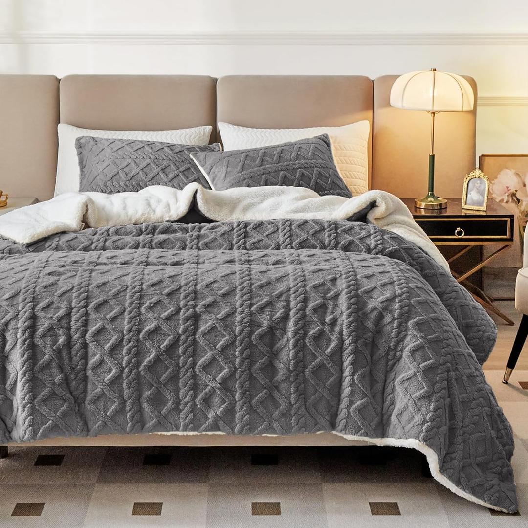 Joyreap 3-Piece Fluffy Faux Fur Sherpa Comforter Set Gray, King Size Luxury Tufted Bedding Comforter Set, All Season Soft n Cozy Plush Comforter Bed Set- 100x88 inches