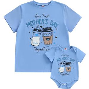 Canis Our First Mothers Day Together Mommy and Me Matching Outfit Short Sleeve Mom T-shirt Baby Bodysuit Set (Blue Mom,XXL)