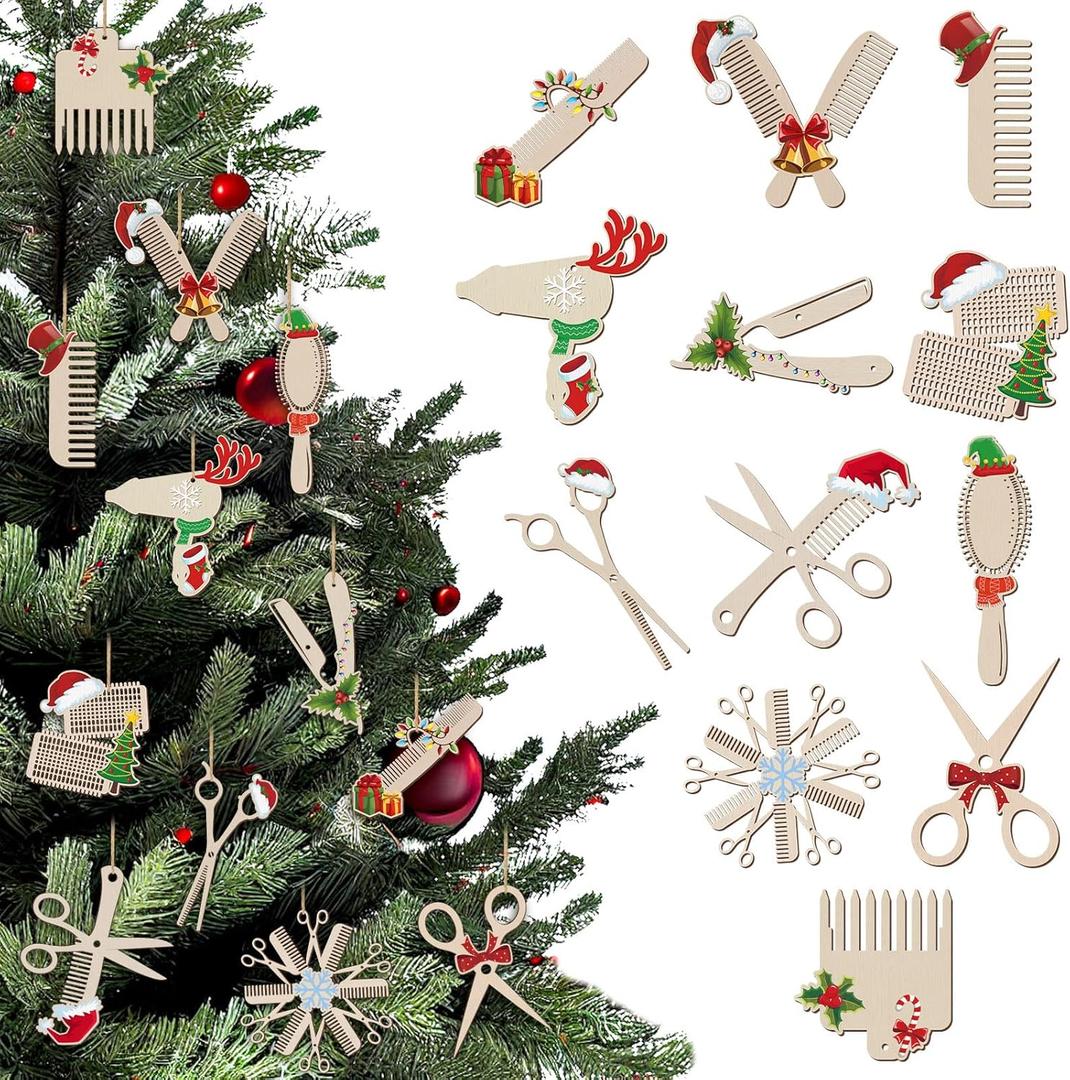 Syhood 36 Pcs Hairdresser Christmas Ornaments Barber Hair Salon Christmas Tree Wood Hanging Ornaments Decoration Xmas Holiday Hairstylist Gifts for Women & Men, 12 Styles