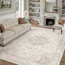 PureCozy Beige Area Rug 8x10 Washable Vintage Carpet for Living Room Bedroom Large Soft Retro Low Pile Thin Indoor Rug Non Slip Oriental Medallion Floor Cover for Dining Room Office