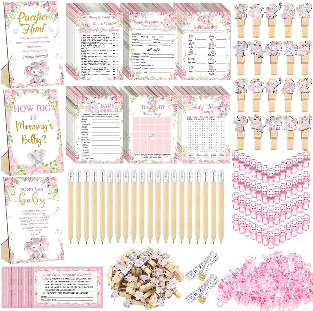 Sherr 476 Pcs Elephant Themed Baby Shower Games 6 Sets Activities Card Pacifier Hunt Game 50 Pacifier How Big Is Mommy's Belly Sign 50 Guessing Card 2 Measuring Tape Don't Say Baby Sign 50 Clothespin (Pink)