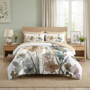 Nesker Comforter Set Queen Size, Boho Watercolor Floral 7 Pcs Bedding for Kids and Adults, Farmhouse Ink Muted Blooms Bed Sheet Sets with Fitted Sheet 2 Pillowcases & 2 Shams