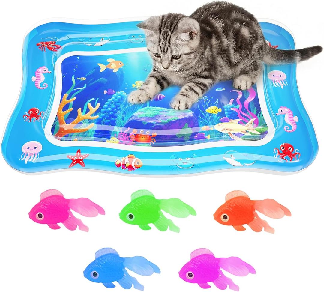 Cat Water Mat - Interactive Cat Toys Upgraded Thickened 0.7mm PVC Cooling & Heating Water Bed with Floating Fish, Anti-Scratch Leak Proof Foldable Water Sensor Play Mat for Cats (blue)