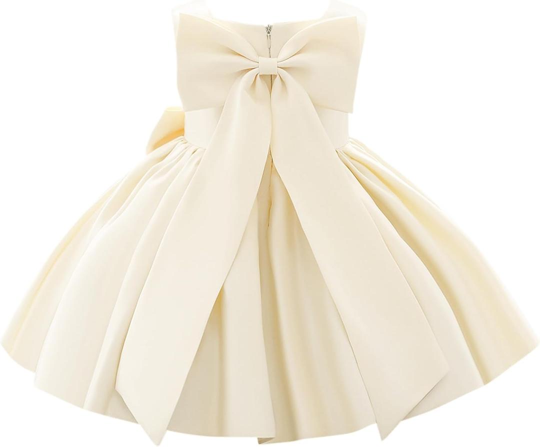 IDOPIP Flower Girl Bowknot Tutu Dress for Kids Baby Princess Wedding Bridesmaid Birthday Party Pageant Baptism Dresses 6M-10T (12-18 Months, Champagne)