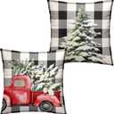 Christmas Pillow Covers 22 x 22 Set of 2 Buffalo Plaid Throw Pillow Cases Christmas Tree Red Truck Cushion Cover Xmas Black and White Check Pillow Cover for Outdoor Couch Patio Decor