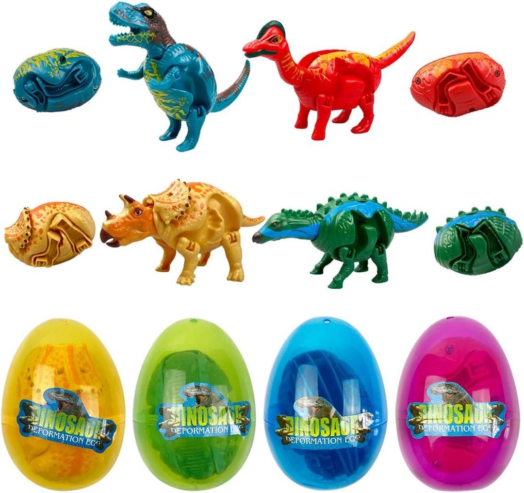 JoFAN 4 Pack Jumbo Dinosaur Deformation Eggs Prefilled Plastic Easter Eggs with Toys Inside for Kids Boys Girls Toddlers Easter Basket Stuffers Gifts Party Favors