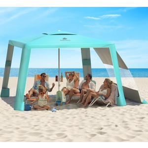 Rhino Valley Beach Cabana, 8 * 8FT Beach Tent UPF50+ Protection, Easy Setup Beach Canopy Wind Resistant with Cup Holder, Compact Beach Shade Foldable Beach Tent Sun Shelter, Turquoise Green