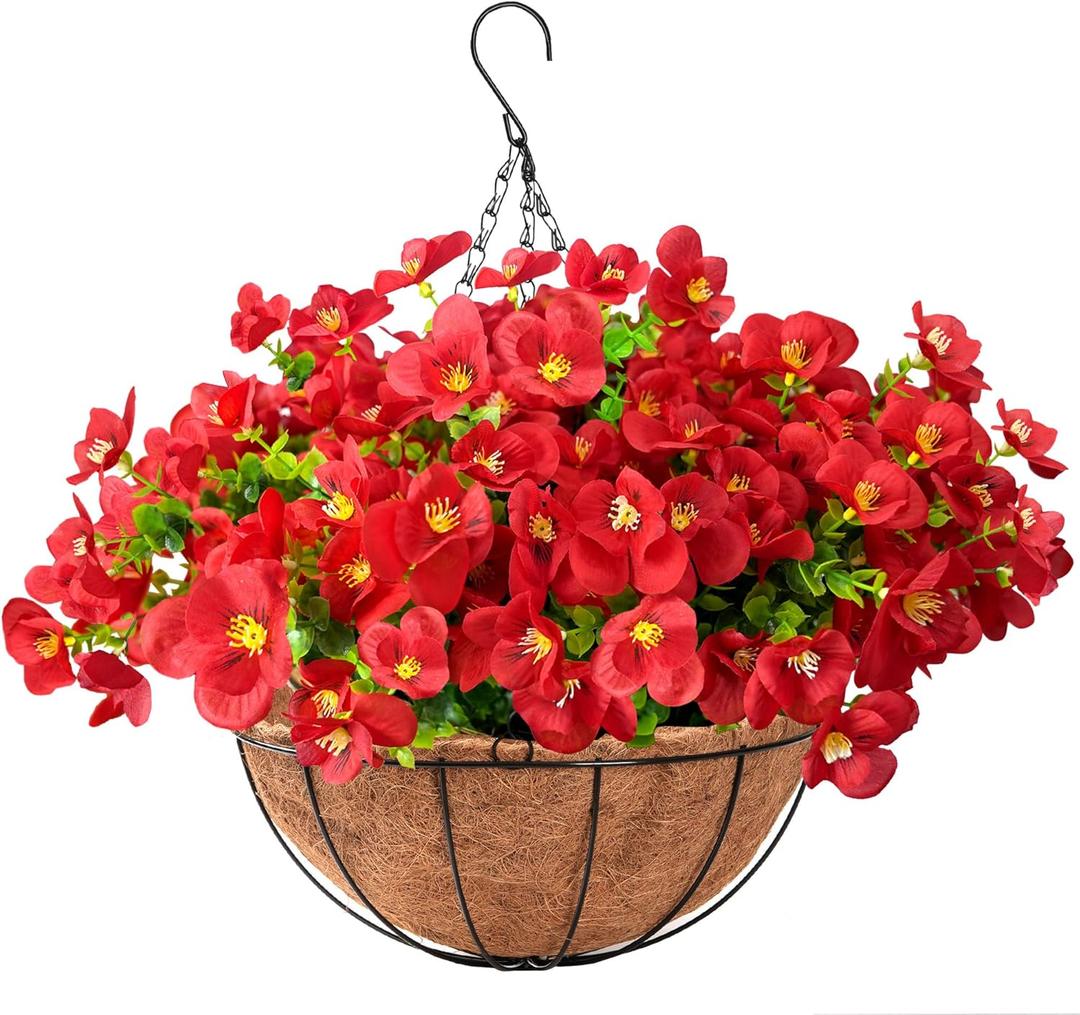 Artificial Hanging Flowers for Outdoors Summer Decoration, 12 Hanging Basket with Faux UV Resistant Silk Flowers, Realistic Fake Hanging Eucalyptus Plants for Porch Home Patio Balcony Yard (Red)