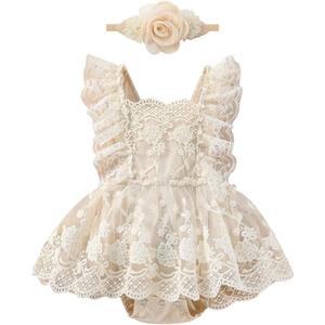 FYMNSI Newborn Baby Girl 1st Birthday Outfit Floral Lace Tulle Romper Tutu Dress Cake Smash Princess Boho Clothes Photo Shoot, 6-12 Months