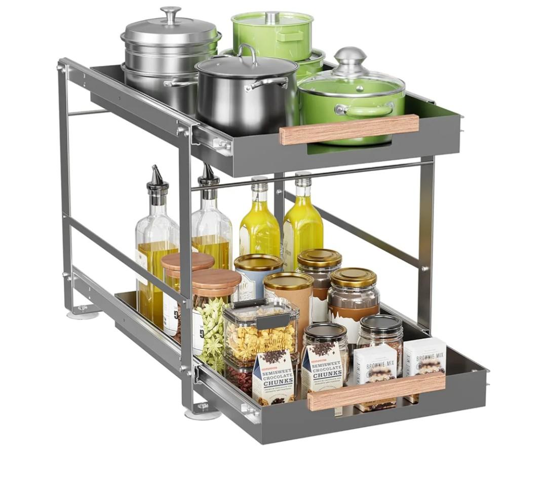 Under Sink Organizer, Pull Out Cabinet Organizer 2 Tier Slide Out Sink Shelf Cabinet Storage Metal Shelves, Sliding Under Sink Storage for Kitchen Bathroom Laundry Cabinet, Heavy Duty, 1 Pack (Gray)