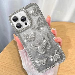 ZIYE Case Designed for iPhone 16 Pro Glitter Cases Luxury Plating Diamond Shiny Butterfly Clear Case with Raised Edge Camera Shockproof Cover for Women Girls-Sliver