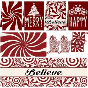 10 Pcs Christmas Kitchen Decor Set Kitchen Towels and Rugs Oven Mitts Pot Holders Absorbent Towels for Baking Cooking BBQ Gifts Home Decor(Red,Christmas Peppermint Candy)