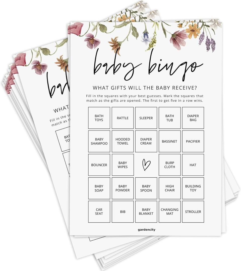 Baby Bingo, Fun Baby Shower Games for Girl (50 Unique Cards), Pre-Filled, Perforated Calling Cards, Gender Neutral (Wildflower) (Wildflower)