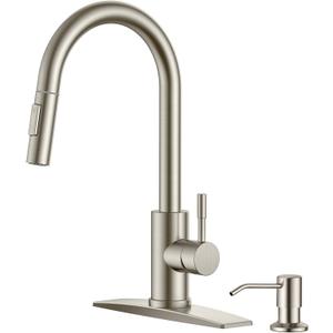 FORIOUS Brushed Nickel Kitchen Faucet with Soap Dispenser, High Arc Modern Sink Faucet with Pull Down Sprayer and Deck Plate, Stainless Steel Fit for 1 or 3 Hole for Pot Filler Bar Rv