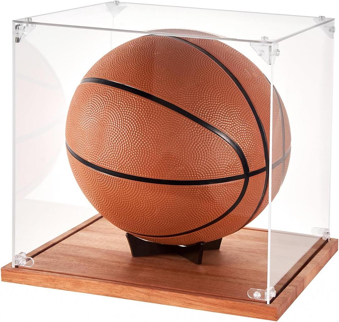 Basketball Display Case, Acrylic Clear 10" Full Size with Solid Wood Base, UV Protected Box, Suitable for Soccer and Basketball, Removable Built-in Ball Stand for Sports Collectibles