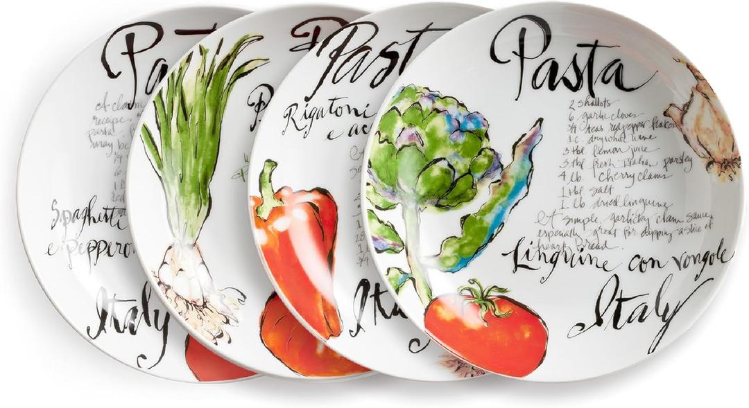 Rosanna Italian Pasta Bowls, Set of 4, 8.25"  Porcelain Pasta Bowl, Perfect Shallow Bowls, Dishwasher & Microwave Safe, Porcelain Bowl Plates