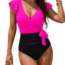 Blooming Jelly Women's Tummy Control Swimsuits Slimming One Piece Bathing Suit Ruffle Wrap V Neck Swimwear (Medium, Hot Pink and Black)