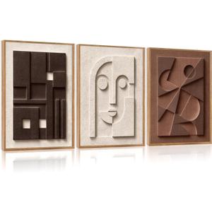 CHDITB 3D Small Geometric Face Wall Art, Neutral Earth Tone Relief Decor
Set Of 3 Minimal Abstract Line Figure Painting, Soft Body Outline Canvas Prints for Living Room Bedroom Office 16"x24"x3
