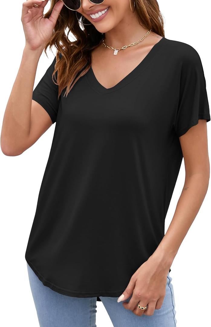 Herou Short Sleeve V Neck Womens Basic Tops Casual Loose Fit T Shirts Soft Tees for Women (X-Large, 01-black)