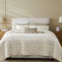 Ivory Velvet Quilt Set Queen Size, Lightweight Luxury Crushed Corduroy Comforter, Soft Cloud Bedding, Cream White Vintage Bedspread Coverlet with 2 Pillow Shams for All Season, 3 Pieces, 90x96 inches