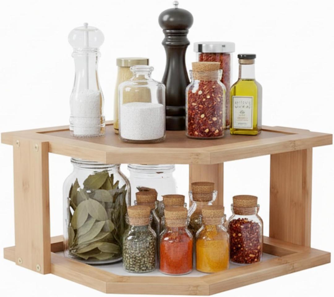 2-Tier Bamboo Corner Shelf for Kitchen or Bathroom Cabinet, Countertop, Cupboard Storage and Organizer, Natural Wood Space Saving Rack by Lavish Home 2-Tier Bamboo Corner Shelf for Kitchen or Bathroom Cabinet, Countertop, Cupboard Storage and Organizer, Natural Wood Space Saving Rack by Lavish Home