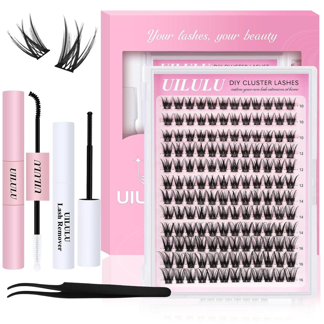 UILULU Lash Clusters Kit 144 Individual Clusters False Eyelashes, DIY Cluster Eye Lash Extensions Set with Bond & Seal, Remover, Tweezers, Fake Eyelash D Curl-0.07-10-16MM(U25 Lash Kit)