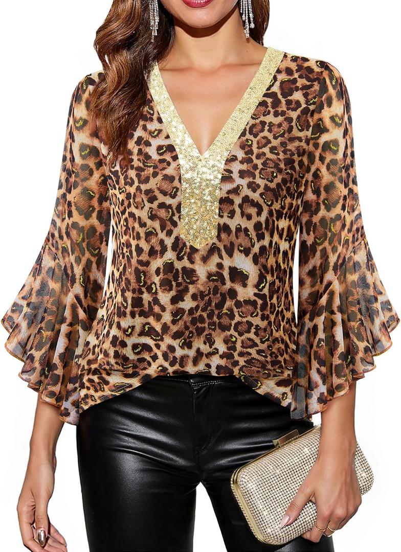 Timeson Women's Ruffle 3/4 Sleeve Sparkly Tops Sequin V Neck Blouses Dressy Fall Shirts, XXL