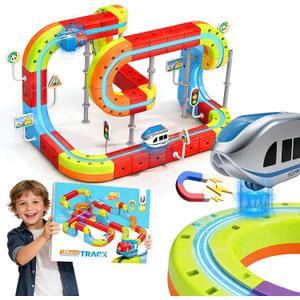 3D Infinity Cube Track Magnetic Electric Train Set for Kids 4 6 7 8,Toy Vehicle Playsets for Toddlers 3-5 Train Set Learning Gift,98 Pcs/2 Car