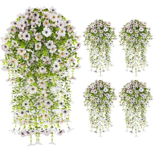 UV Resistant Artificial Hanging Flowers for Outdoors, Faux Morning Glory Fake Hanging Plants for Porch, Garden, Patio & Home Decoration, Realistic Silk Flowers, No Fade, No Watering, 4 PCS, White